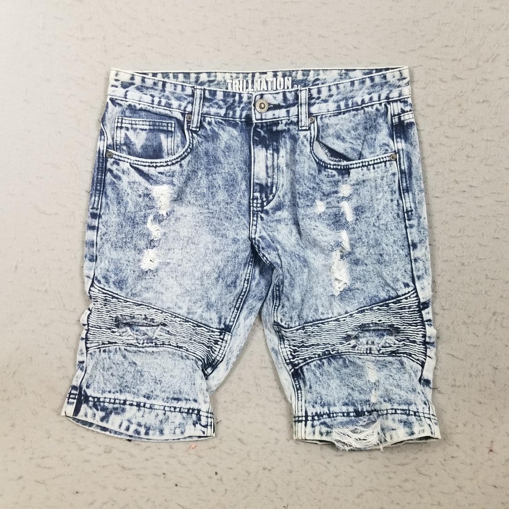 Trill Nation Shorts Mens‎ 34 Blue Denim Biker Distressed 10 Inseam Acid Wash